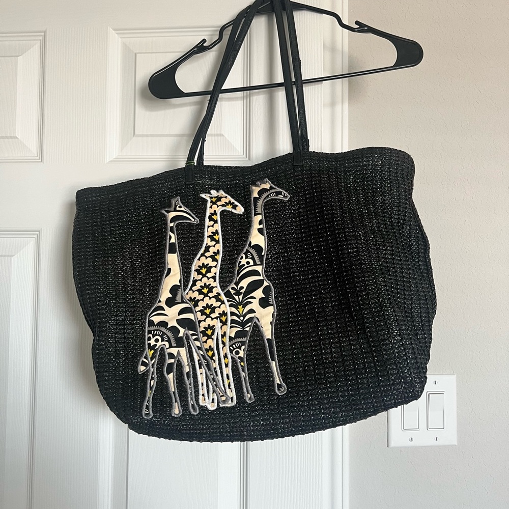 VERA BRADLEY Fanfare Black Straw Tote Bag Giraffe, Retired
